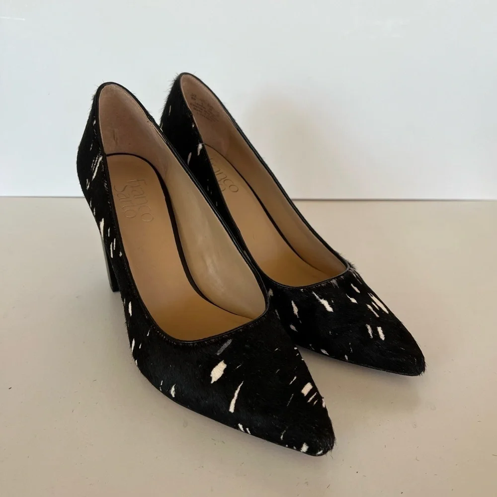 Franco Sarto Leather Cow Hair Black and White 3.35” Palma Pointy Toe Pump, 8M